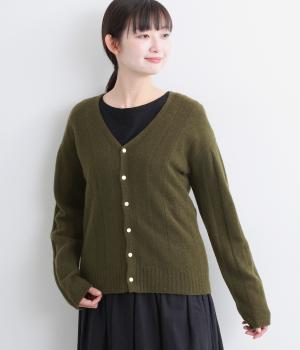 エクストラスーパーファインウールチェスストライプカーディガン(カーキ-F)