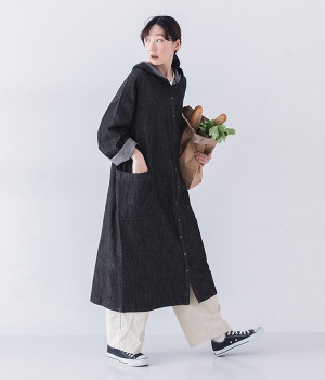 コットンリネンデニム　フード付きコートワンピース