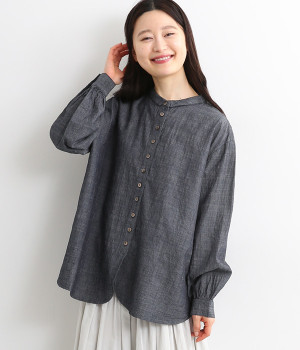コットンリネン 多ボタンブラウス(インディゴ-ONESIZE)