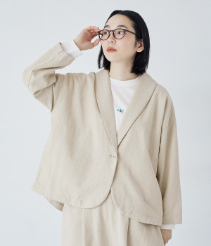 コットンリネンツイル ショールカラージャケット(ベージュ-ONESIZE)