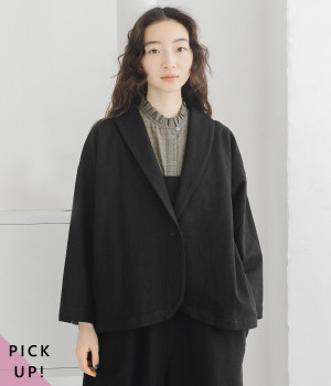 コットンリネンツイル ショールカラージャケット(ブラック-ONESIZE)