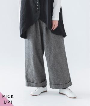 コットンリネン起毛ツイル タックワイドパンツ(グレー-F)