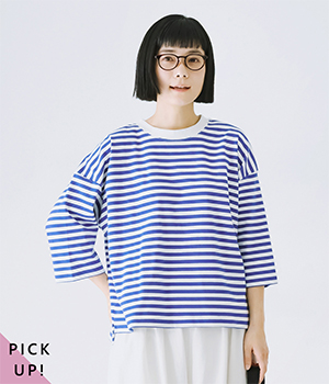 7分袖 ワイドプルオーバー(オフホワイト×ブルー-ONESIZE)