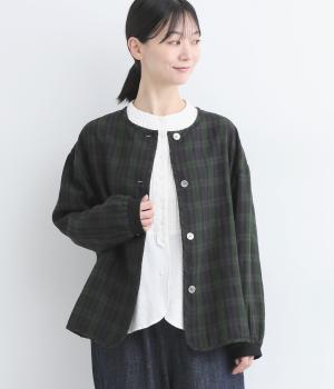 微起毛リネンチェックリブ袖ジャケット