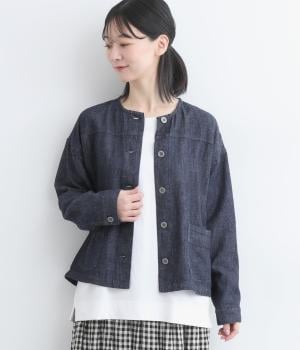 コットンリネンデニムノーカラージャケット