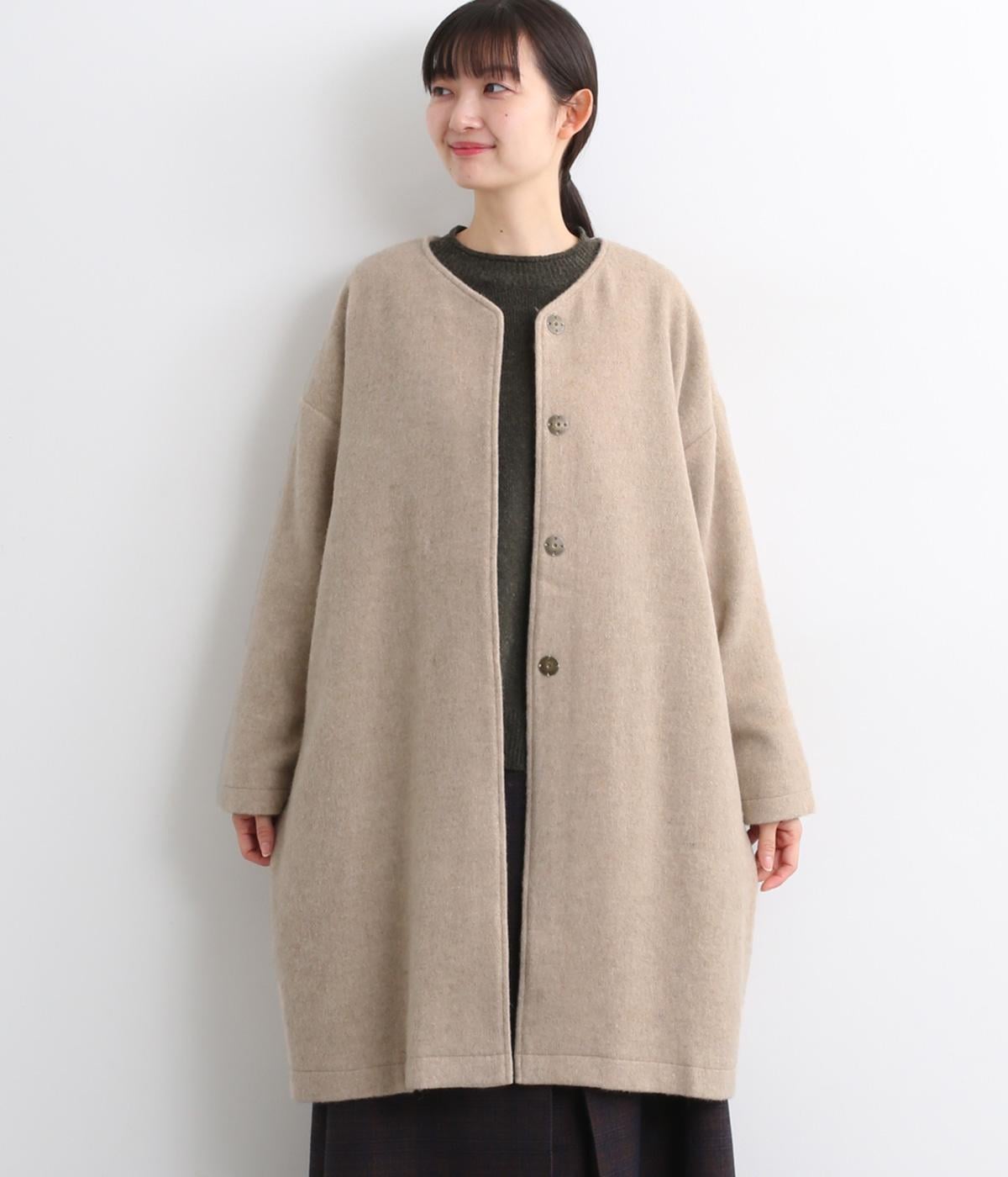 ウール混ビーバーVネックコート(ベージュ-F)