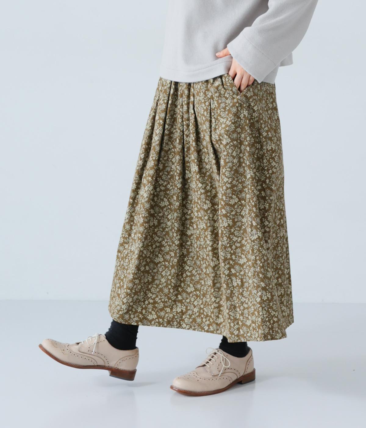 コットンコーデュロイプリントタックスカート(ブラウンカーキ-F)