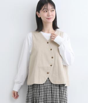 コットンリネン先染めツイルフロントカーブ2wayベスト