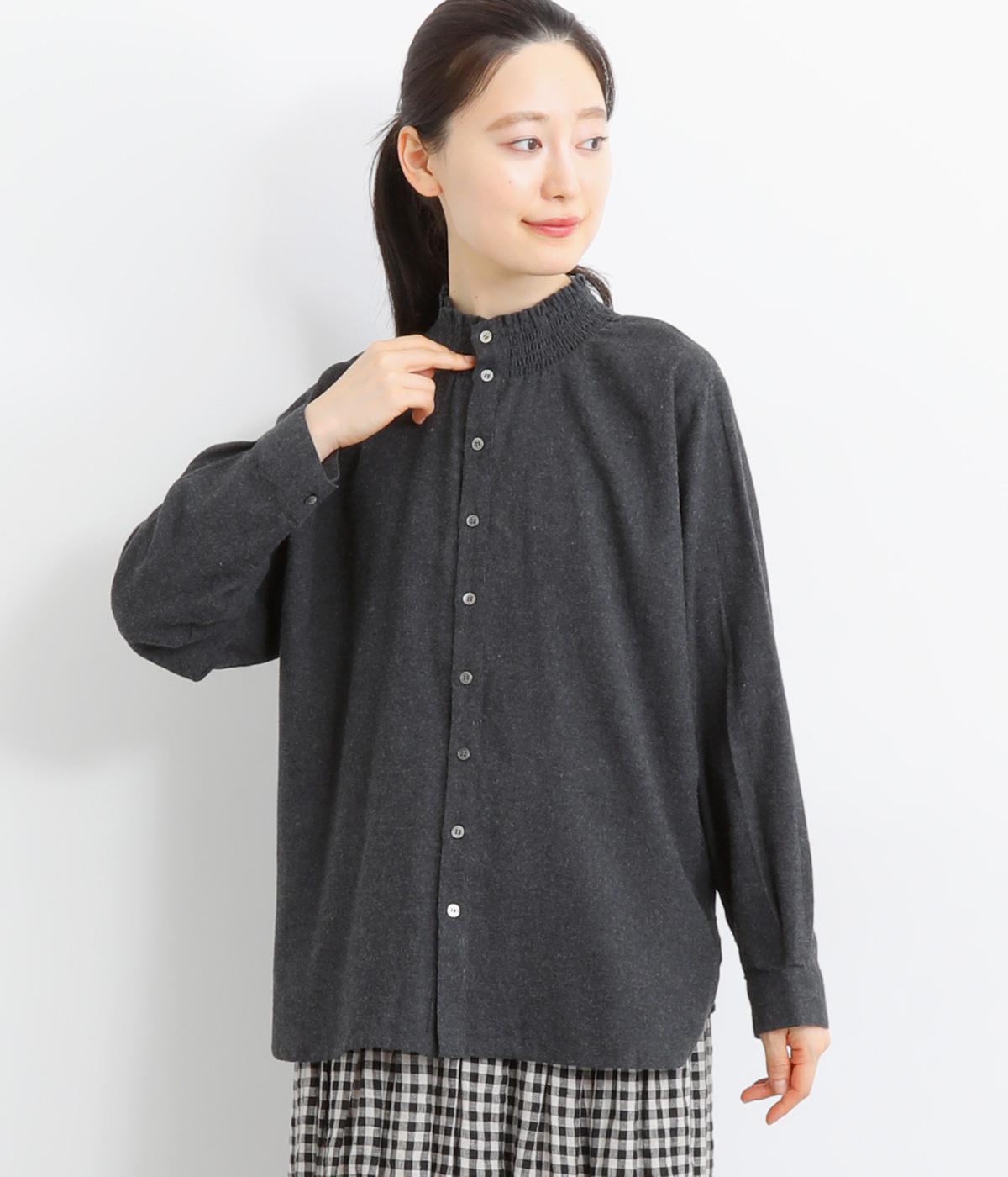 コットンビエラトップ起毛シャンブレー襟シャーリング2wayブラウス(チャコール-ONESIZE)