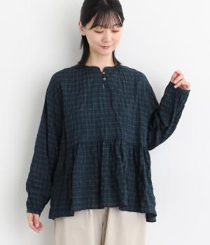 シャーリングチェック裾ギャザープルオーバー