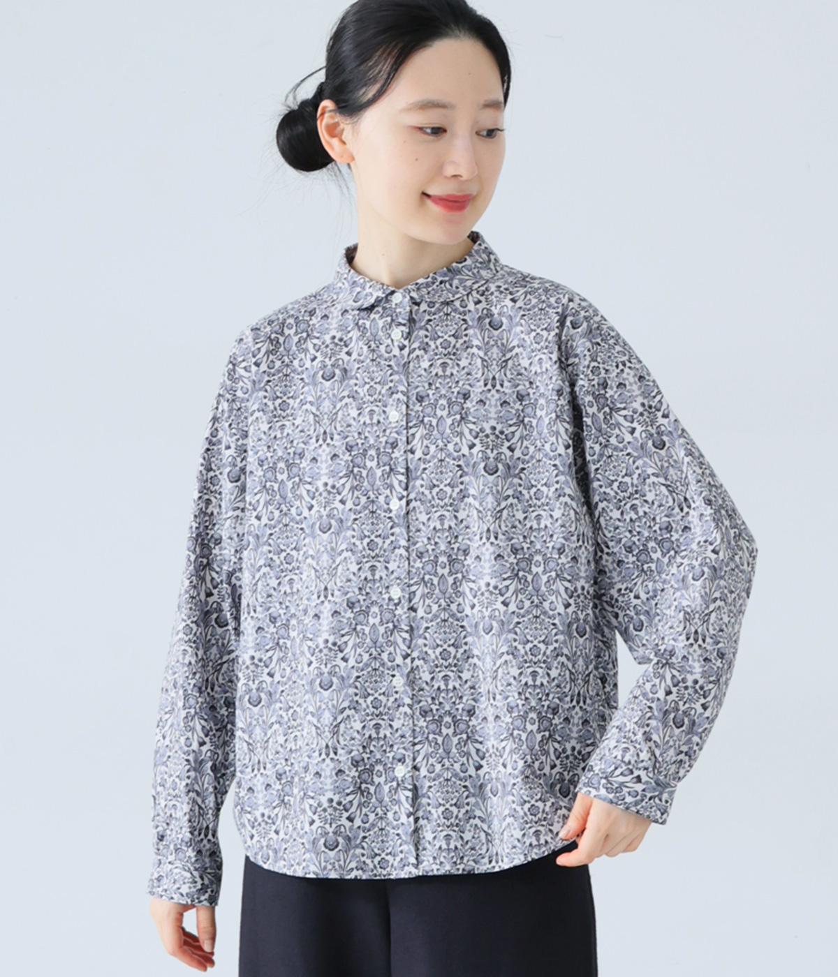 コットンプリントラウンドカラ―ブラウス(ホワイト×グレー-F)