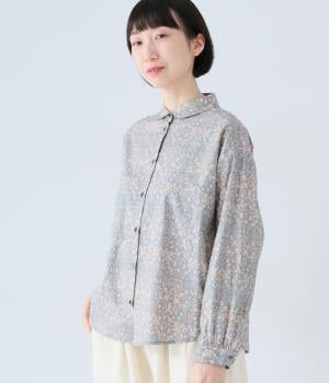 コットンプリントラウンドカラ―ブラウス(グレー×オレンジ-F)