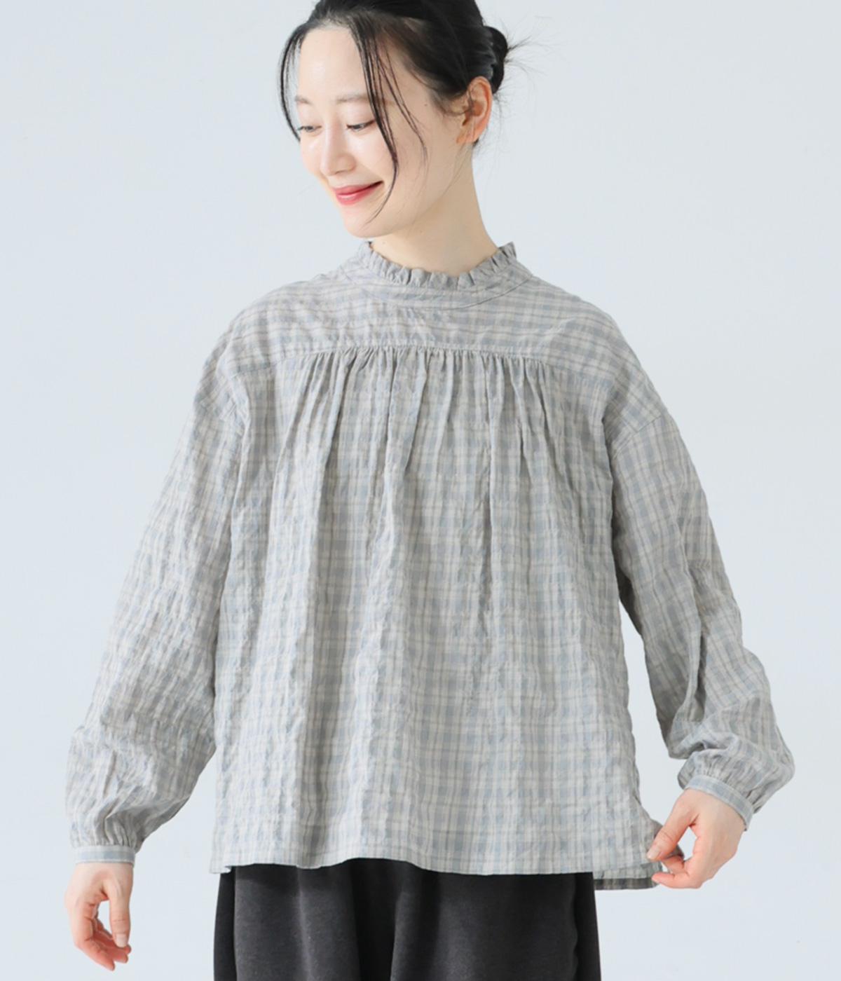 シャーリングチェックフリルブラウス(グレー-F)