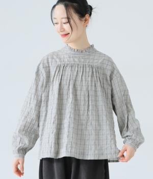 シャーリングチェックフリルブラウス(グレー-F)