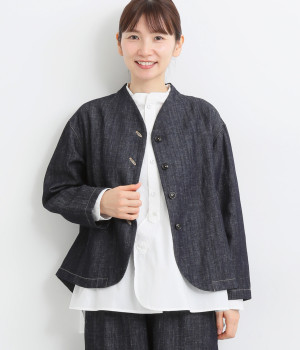 コットンリネンエルボーロゴ刺繍ノーカラージャケット(インディゴ-ONESIZE)