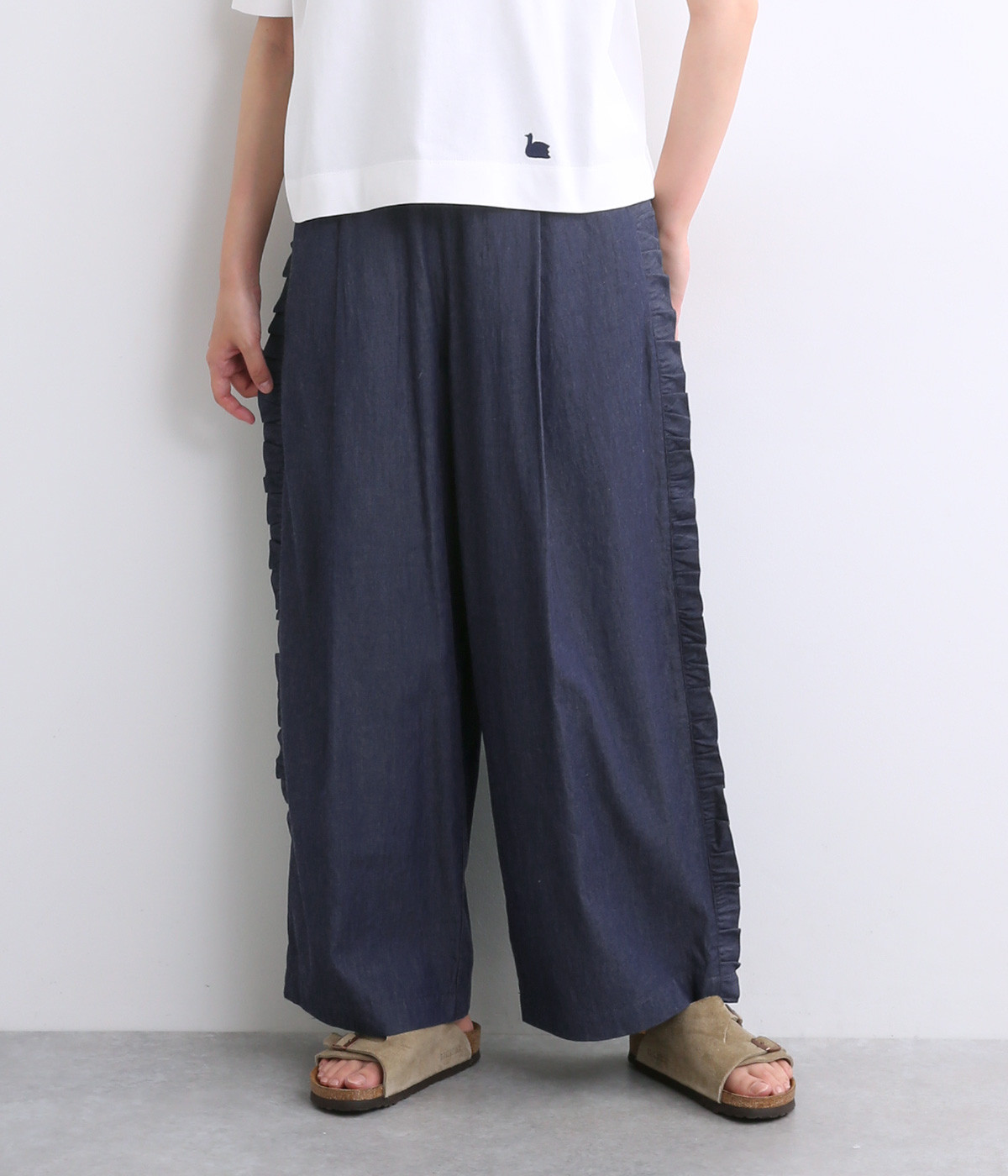 サイドフリルタックパンツ(インディゴデニム-ONESIZE)