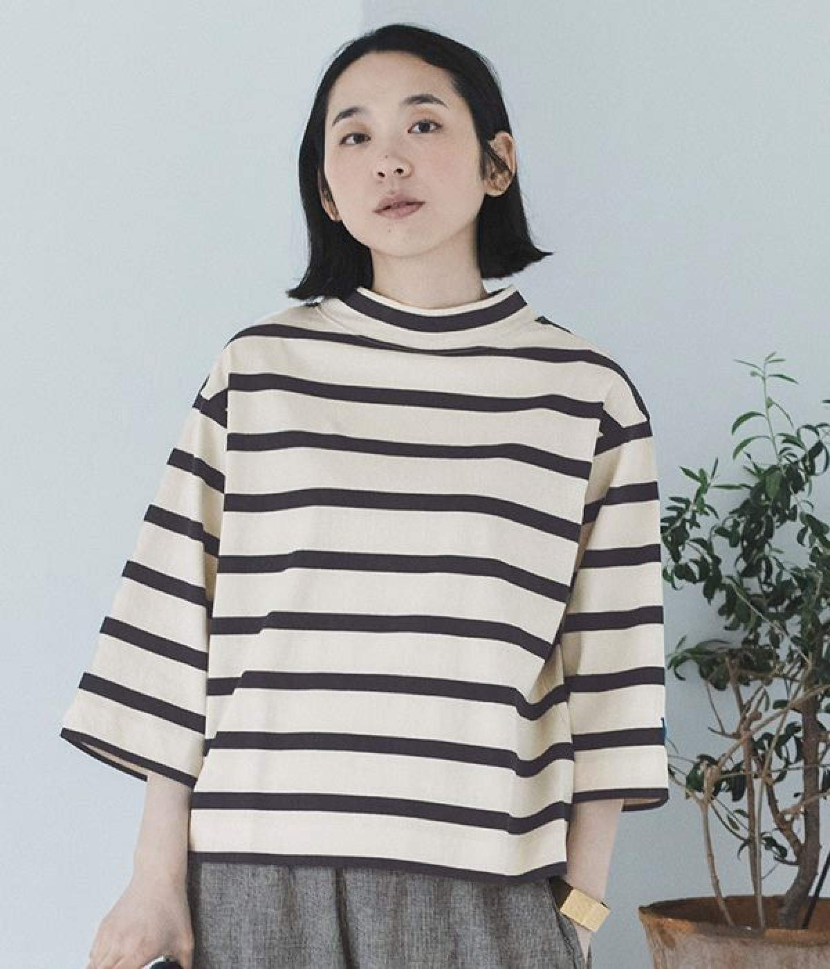USコットン ボトルネック7分袖(キナリ×ネイビー-ONESIZE)