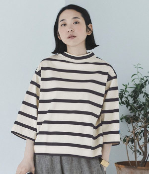 USコットン ボトルネック7分袖(キナリ×ネイビー-ONESIZE)