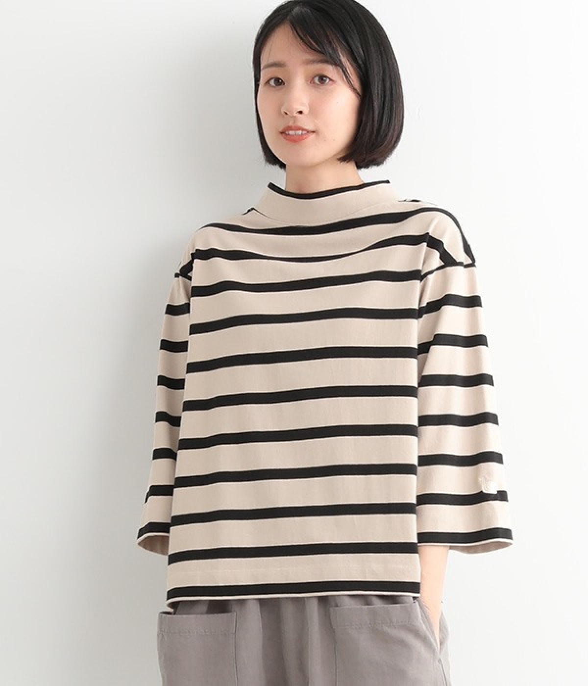 USコットン ボトルネック7分袖(モカ×ブラック-ONESIZE)