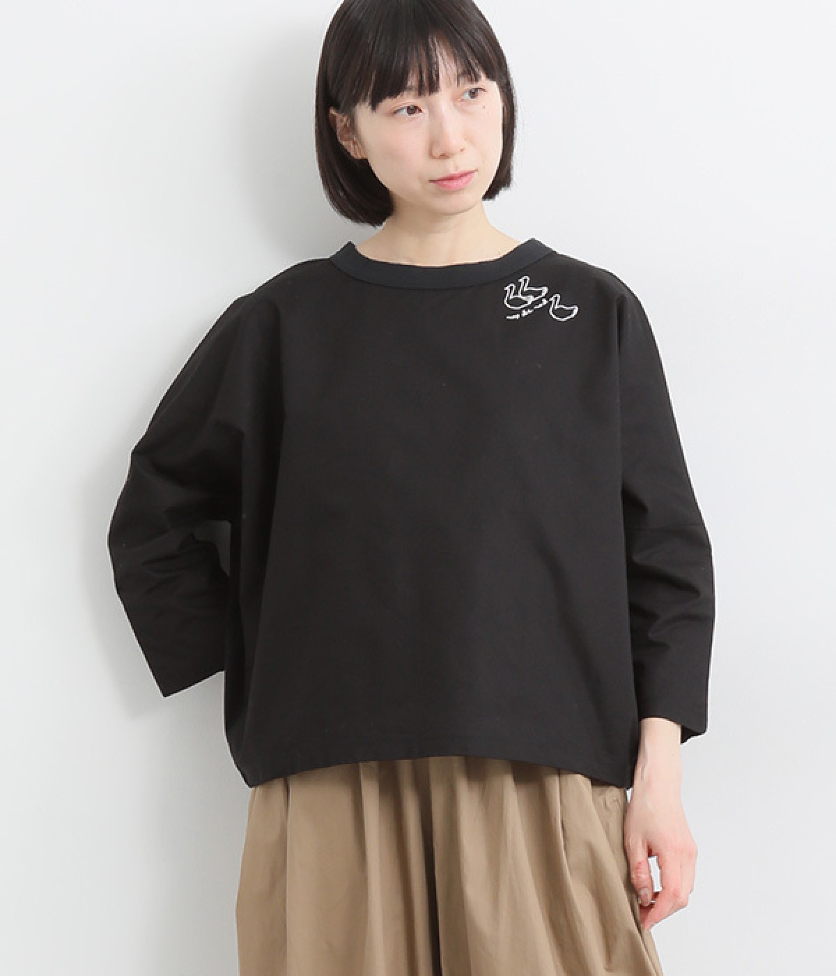 USコットン天竺布帛7分袖カットソー(ブラック-ONESIZE)