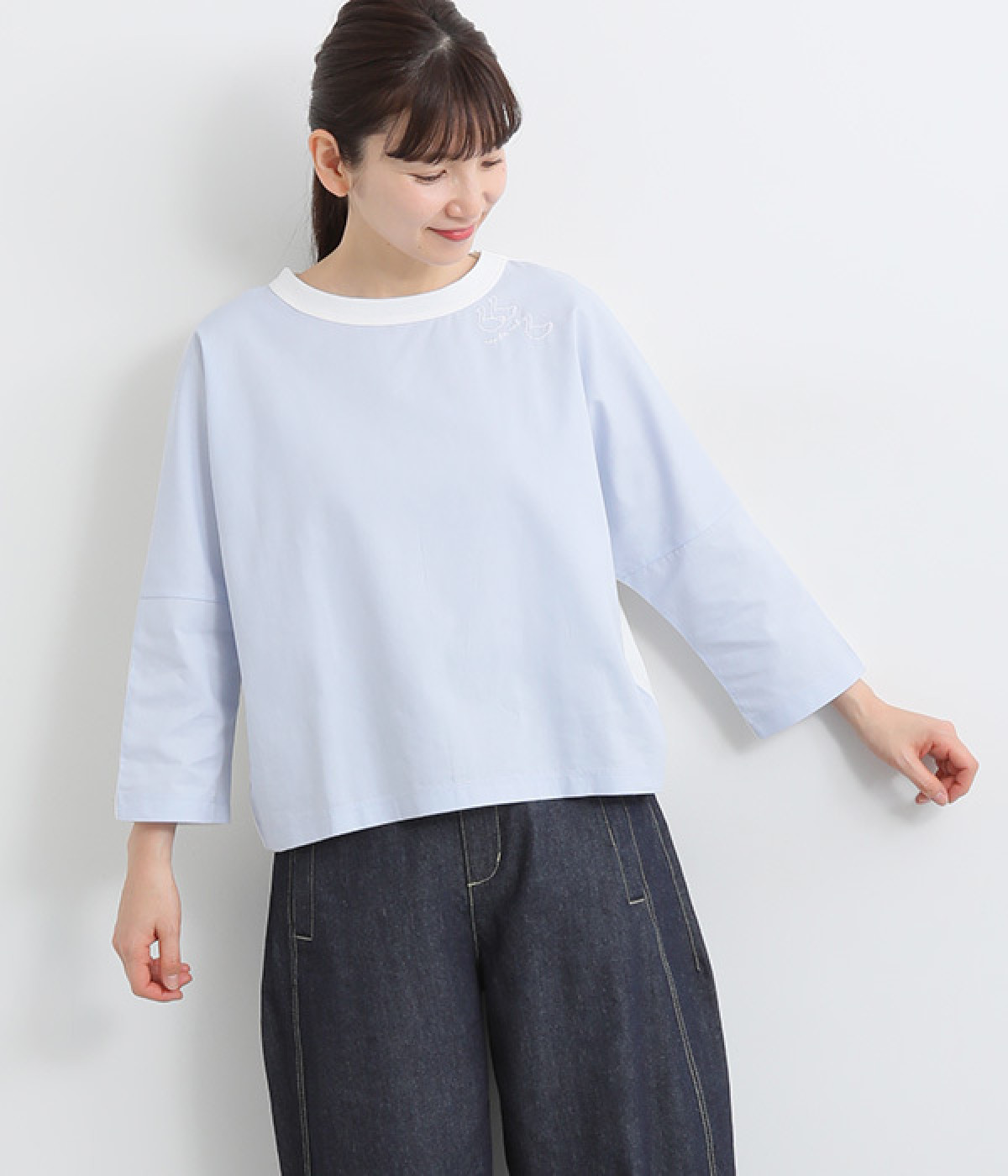 USコットン天竺布帛7分袖カットソー(ブルー-ONESIZE)