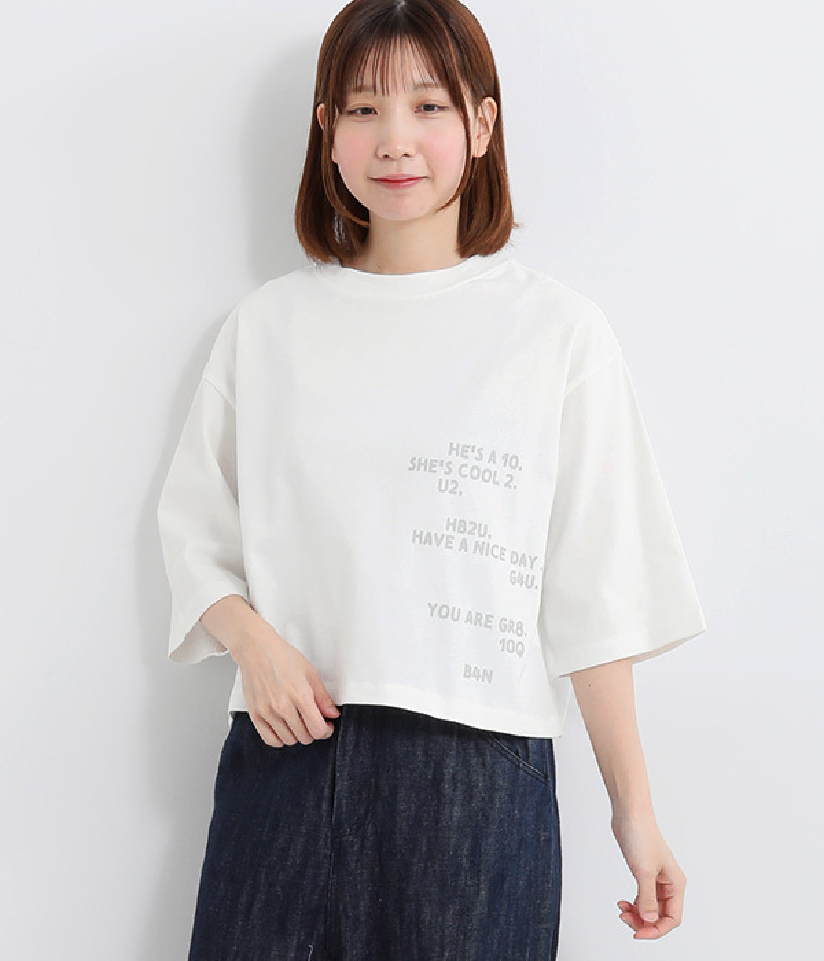 Ciel USコットン5分袖前後文字プリントTシャツ(オフホワイト-ONESIZE)