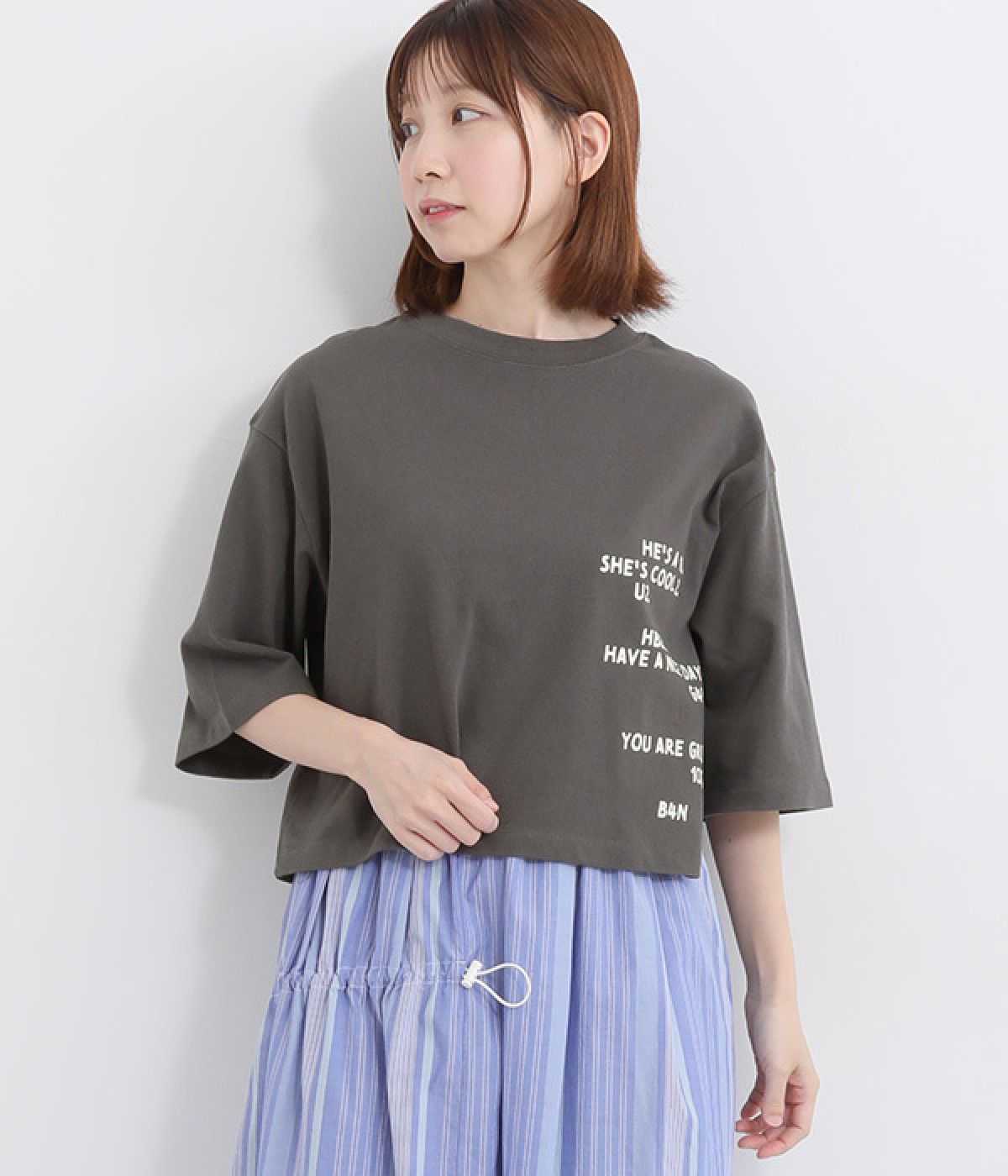 Ciel USコットン5分袖前後文字プリントTシャツ(ダークグレー-ONESIZE)