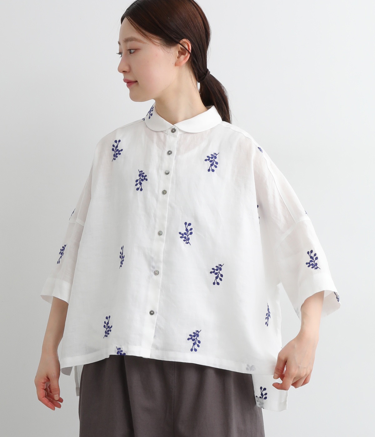 Ciel ユーカリ刺繍6分袖シャツ(オフホワイト-ONESIZE)