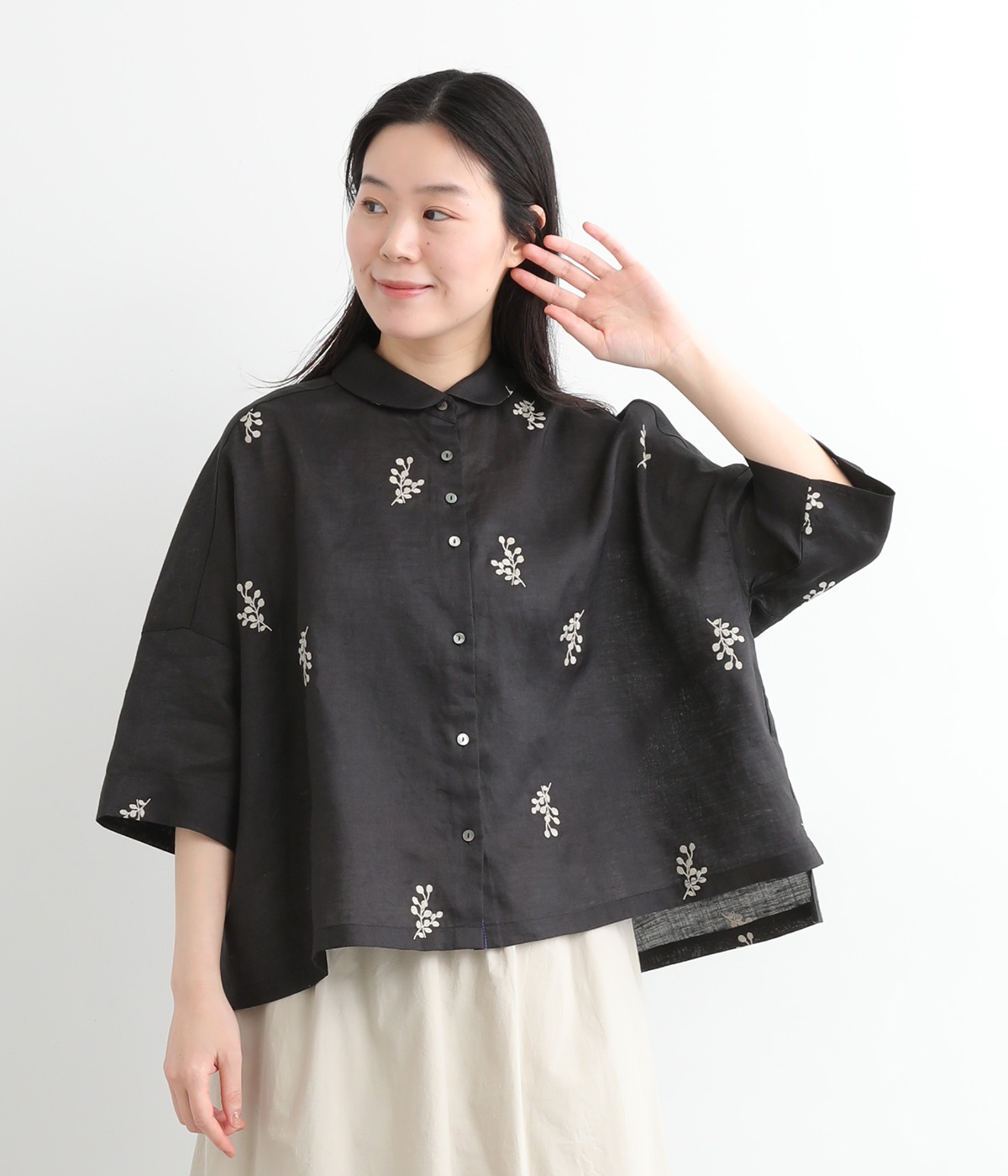 Ciel ユーカリ刺繍6分袖シャツ(ブラック-ONESIZE)