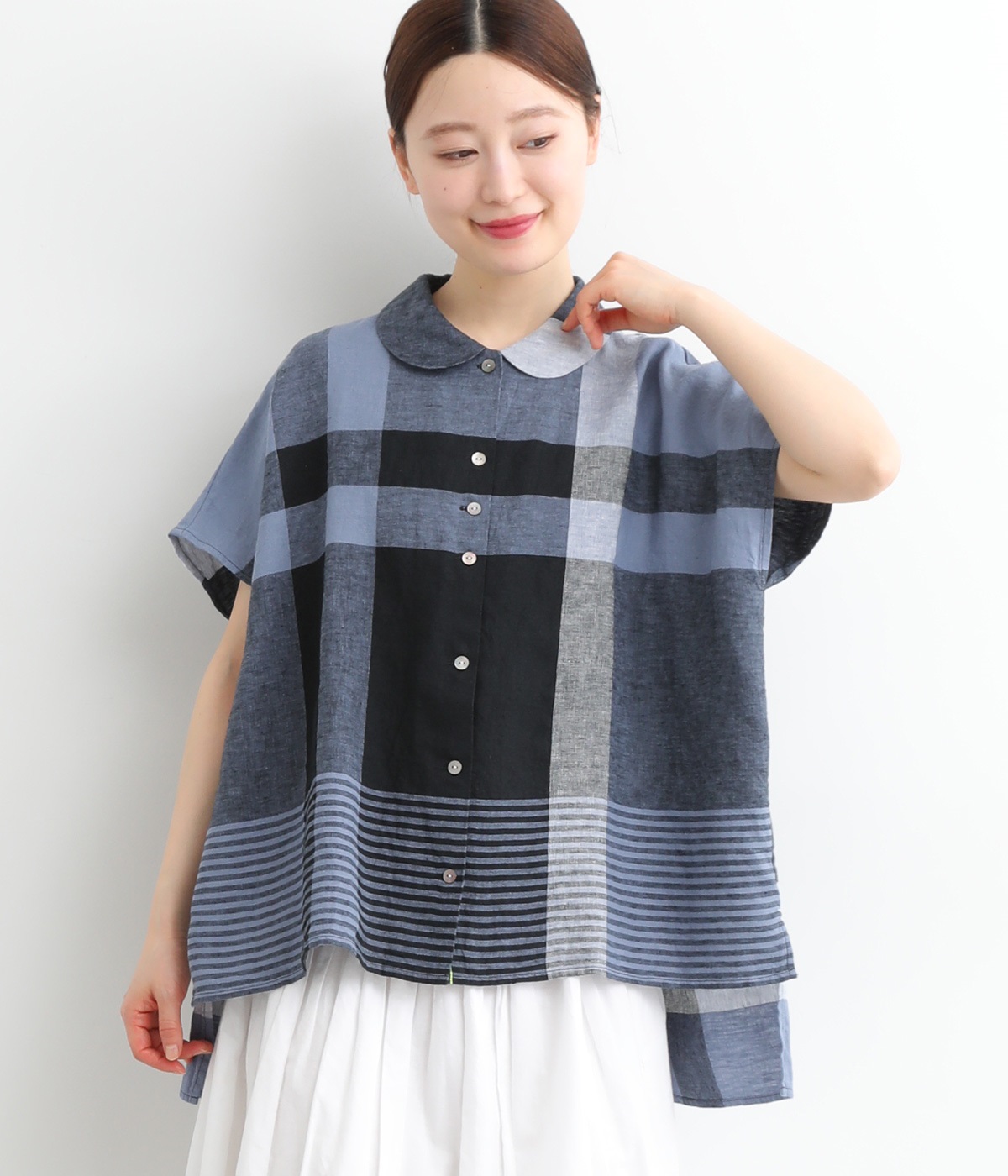 Ciel ronde リネンパネルチェックブラウス(サックス-ONESIZE)