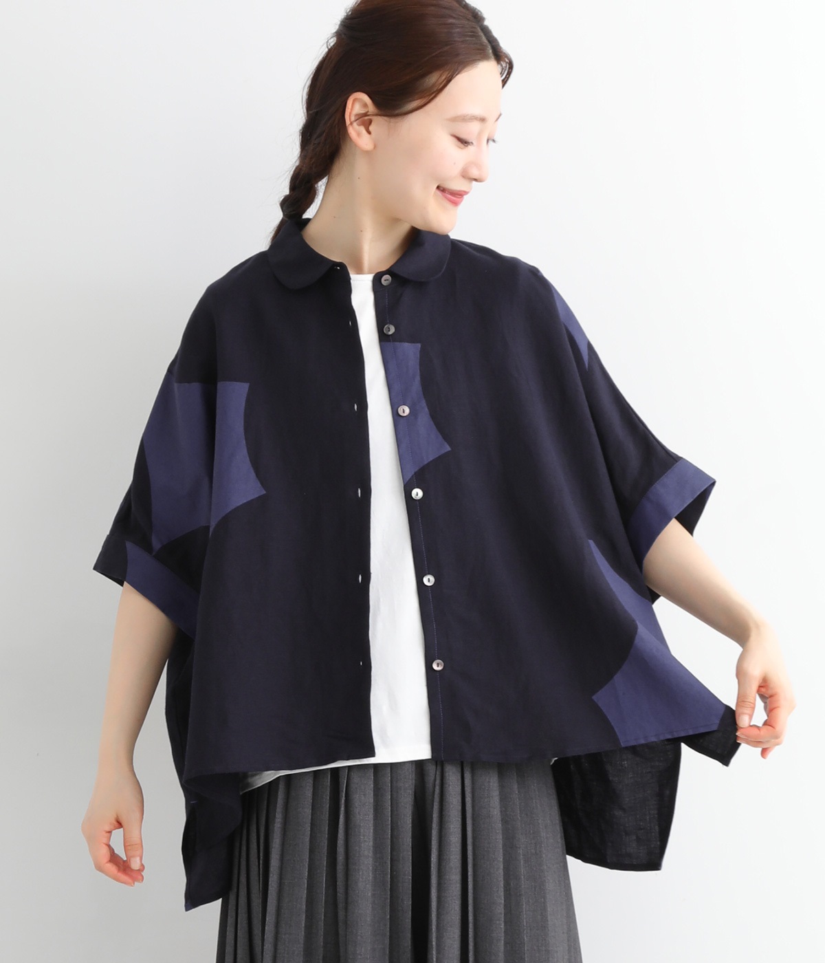 Cielリネンレーヨンもくもくプリントシャツ(ネイビー-ONESIZE)