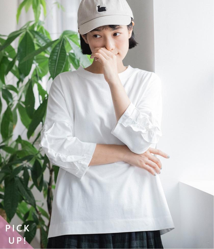 コットン天竺　フリル6分袖Tシャツ