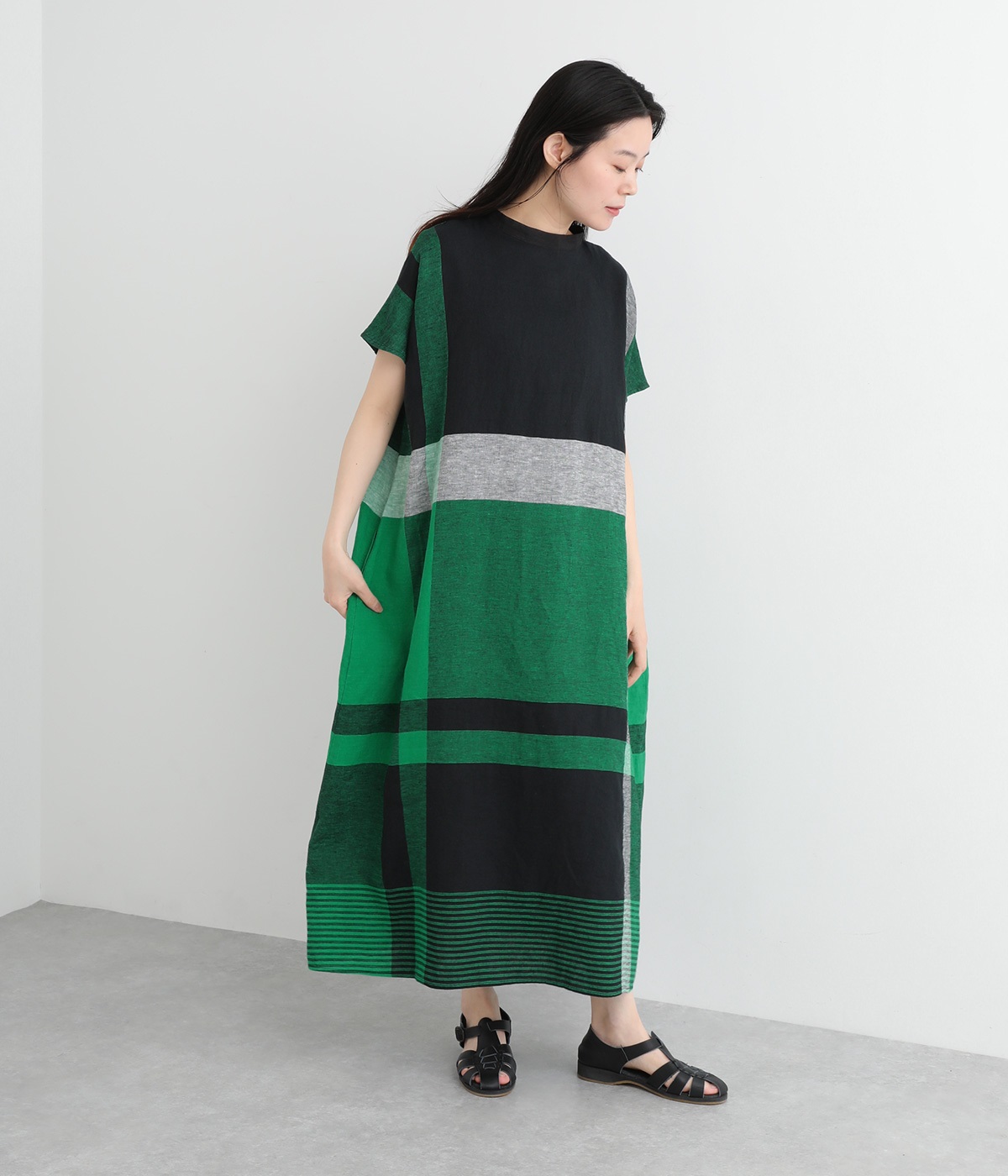 Cornetリネンパネルチェック2way ワンピース(グリーン-ONESIZE)
