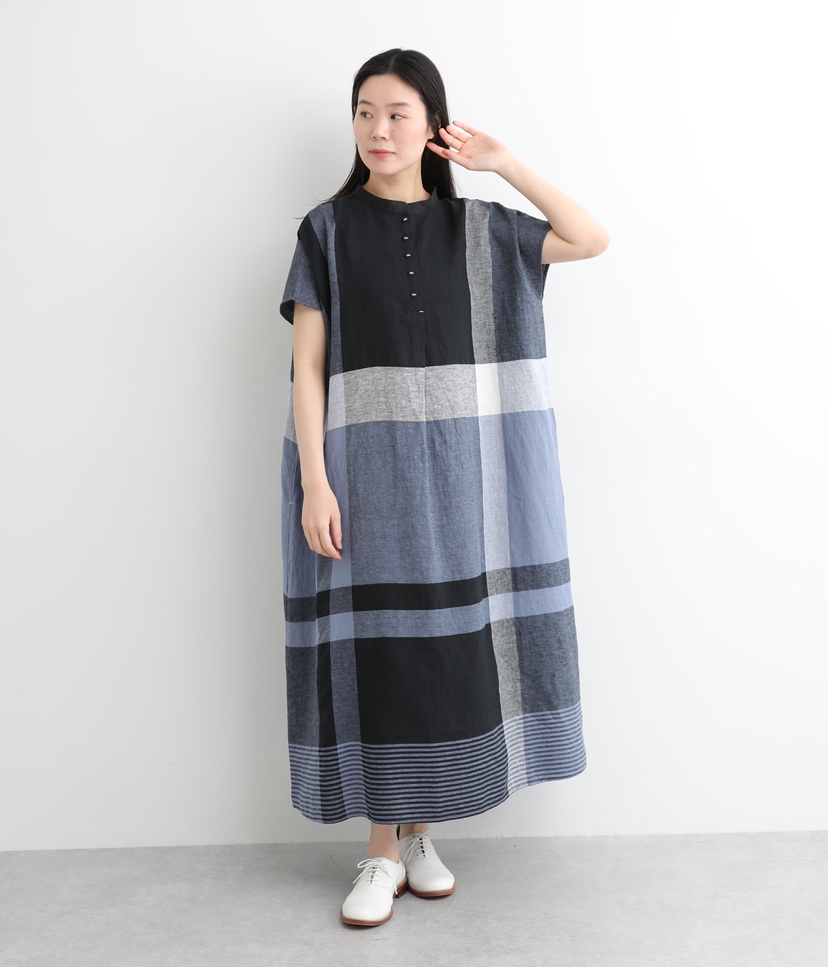 Cornetリネンパネルチェック2way ワンピース(サックス-ONESIZE)