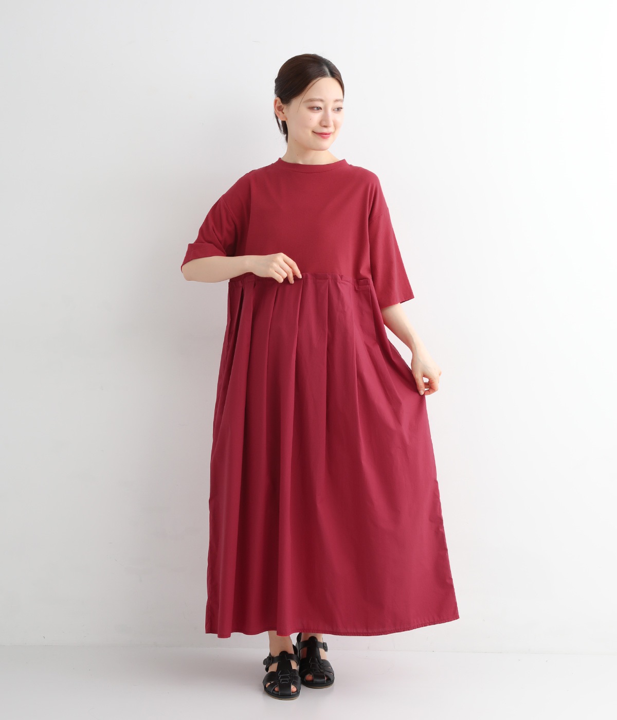 USコットン布帛ドッキングワンピース(レッド-ONESIZE)