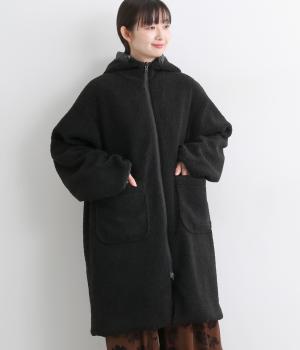 ナイロンタフタ×フリースボア　リバーシブルフードコート(ブラック-F)