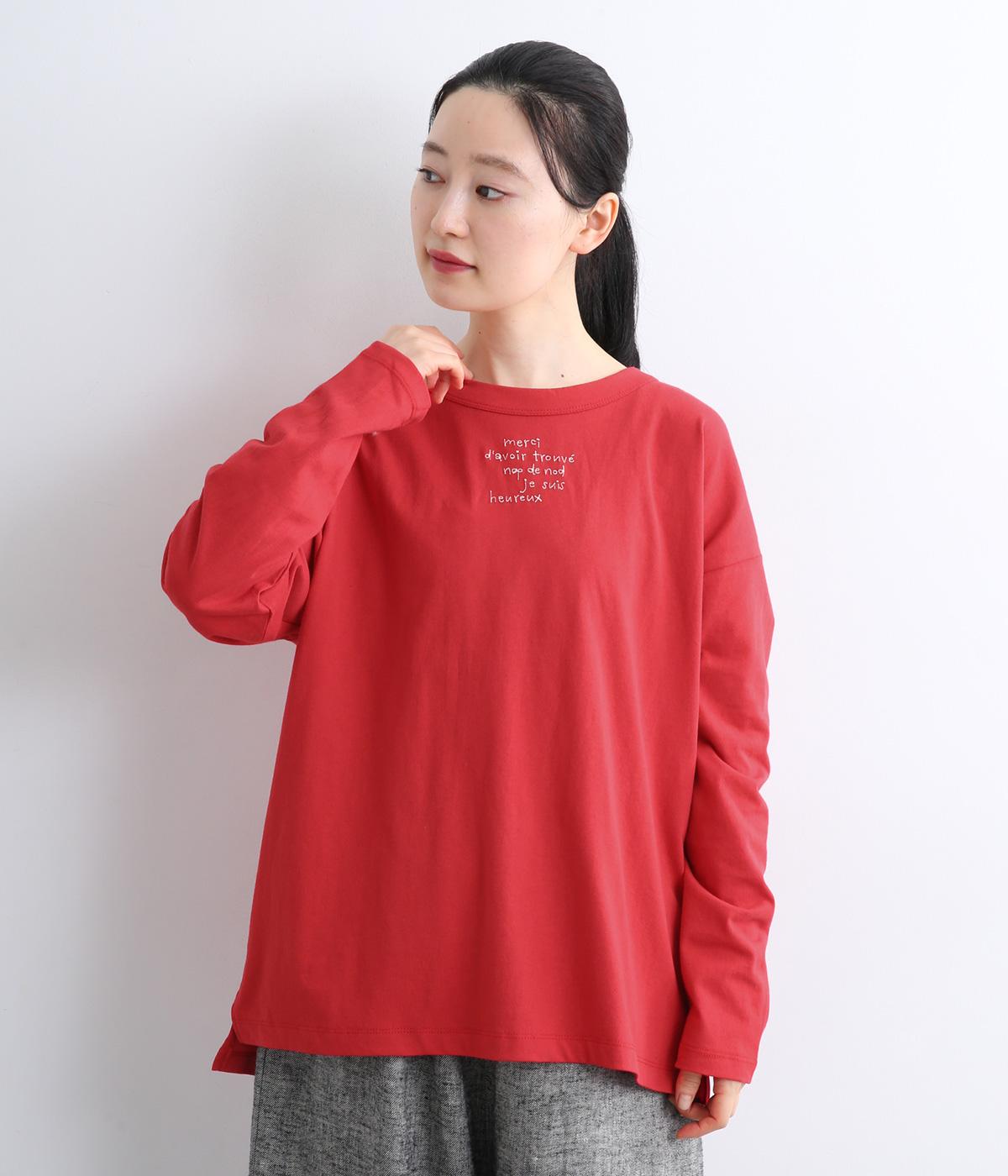 USコットン　書き文字ロゴ刺繍ロングTシャツ(レッド-F)