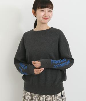 袖ロゴオーバーサイズスエット風ニット(ダークグレー-F)