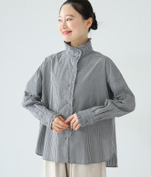 タイプライターハイネックフリルシャツ(ブラックギンガム-F)