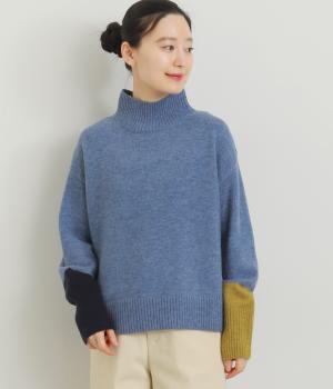 袖口配色ハイネックセーター(ブルー-F)