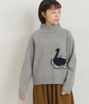 スワンインターシャハイネックセーター(グレー-F)