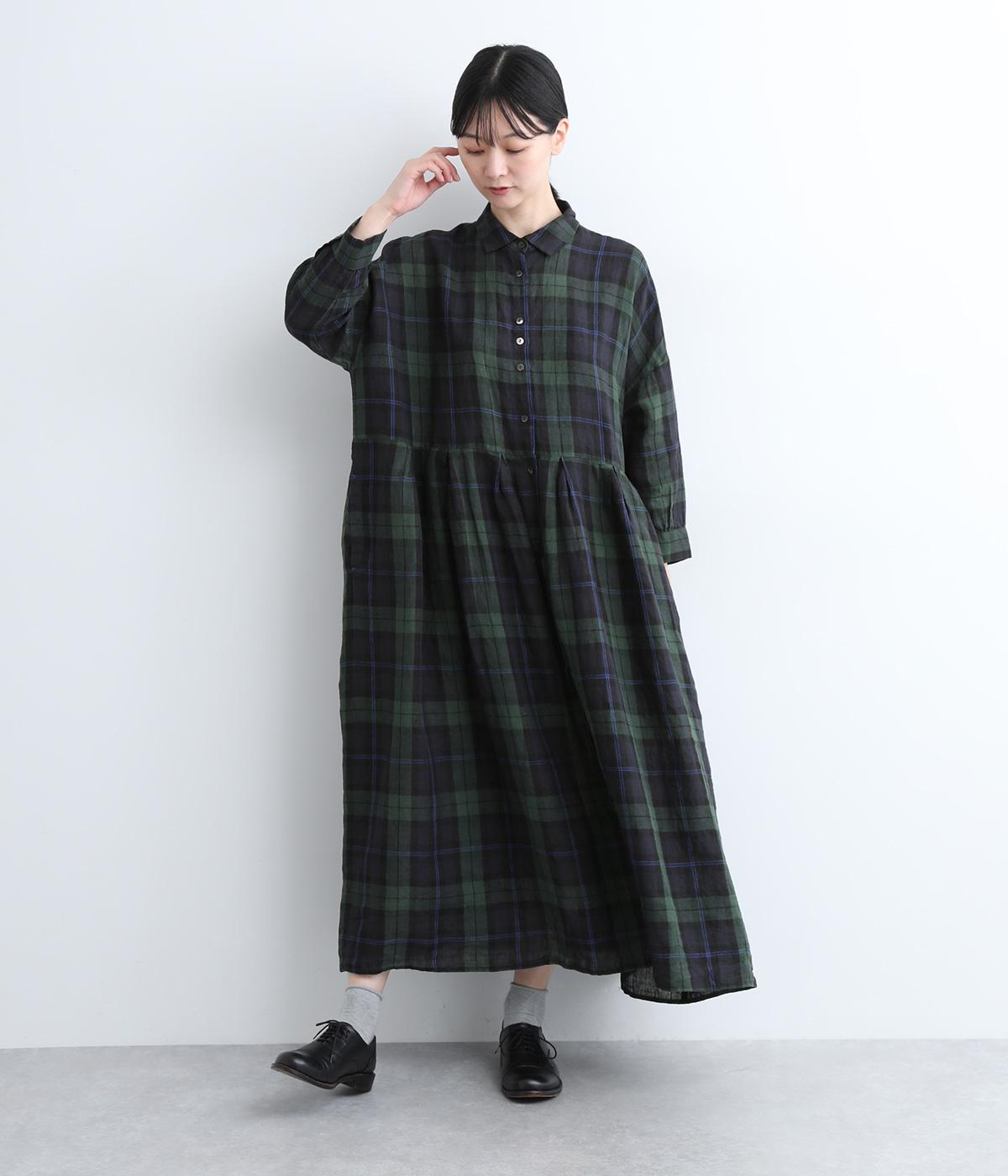 リネンタータンチェック　ウエストタック切り替えワンピース(ネイビー-ONESIZE)