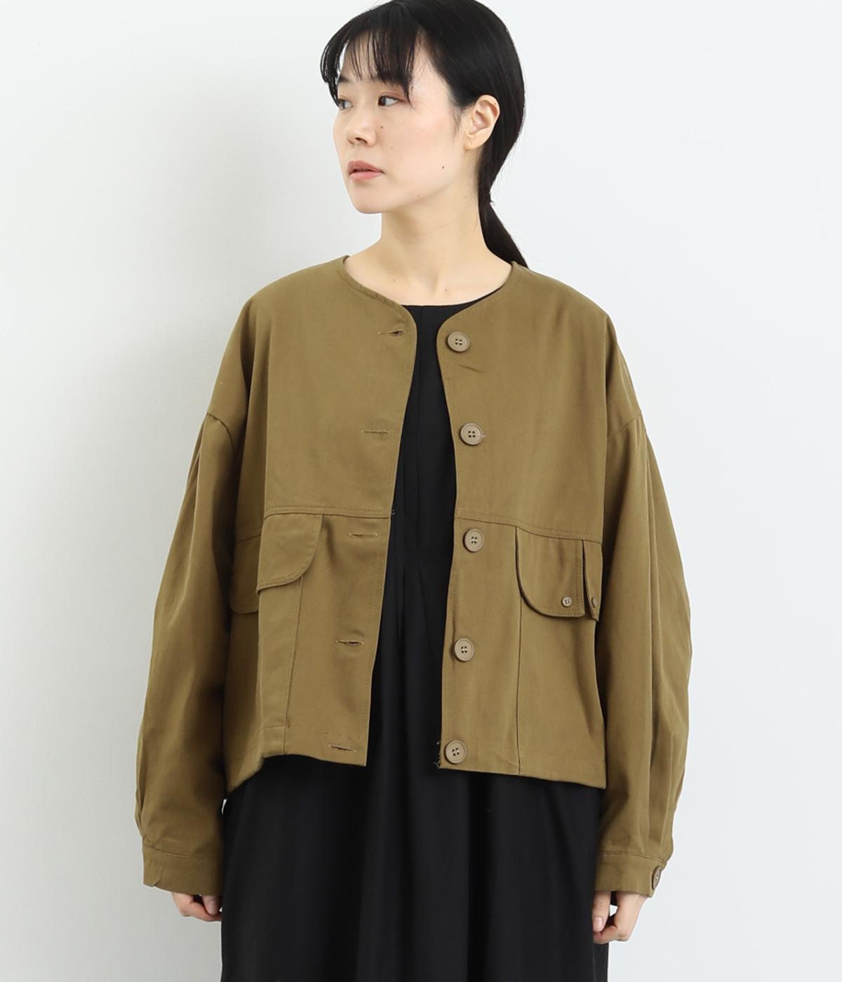 コットンアウターノーカラージャケット(カーキ-F)