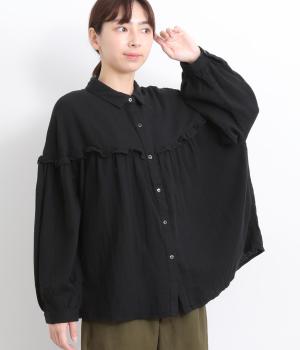 ダブルガーゼフリル切替シャツ(ブラック-ONESIZE)
