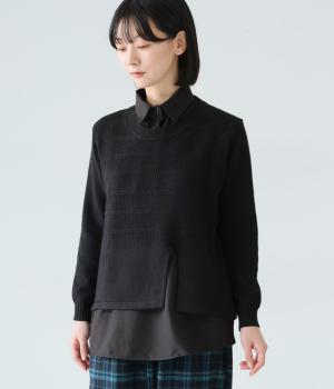 異素材ニットレイヤードシャツ(ブラック-F)