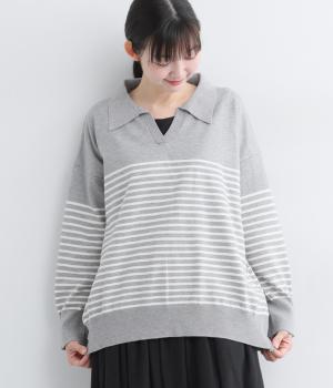 ハイゲージボーダーニットスキッパープルオーバー(グレー-F)