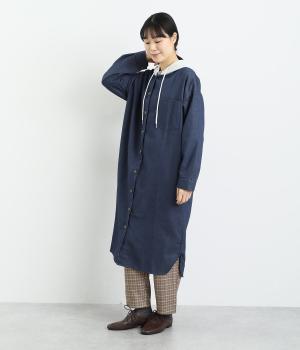 デニム裏毛フード付きデニムコートワンピース(ネイビー-F)