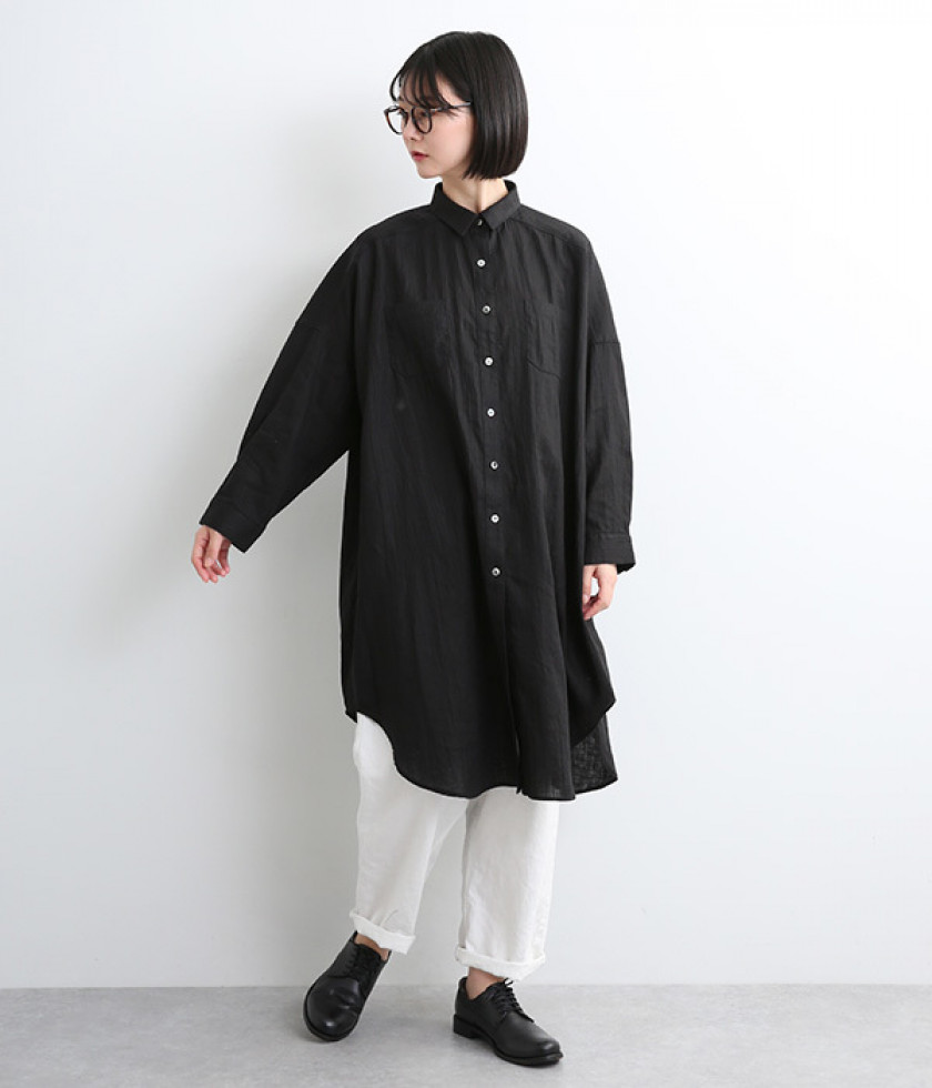 リネンワッシャー襟付きロングシャツ