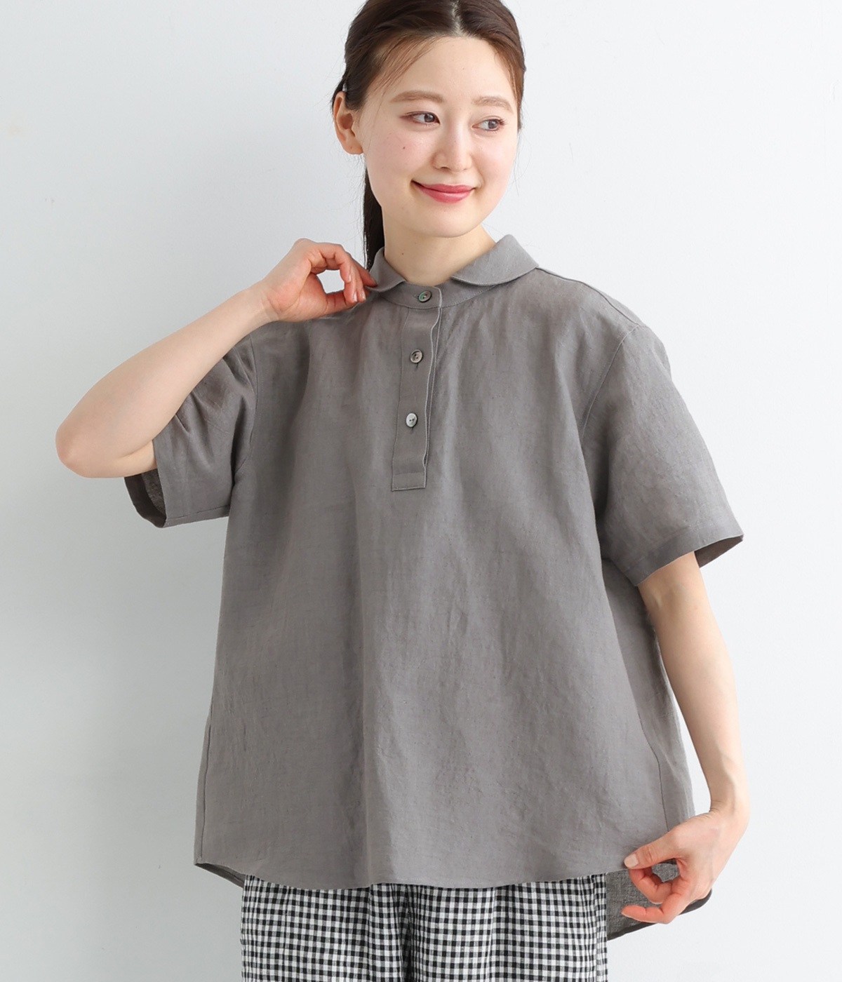 コットンリネン天日干しプルオーバー半袖シャツ(グレー-ONESIZE)