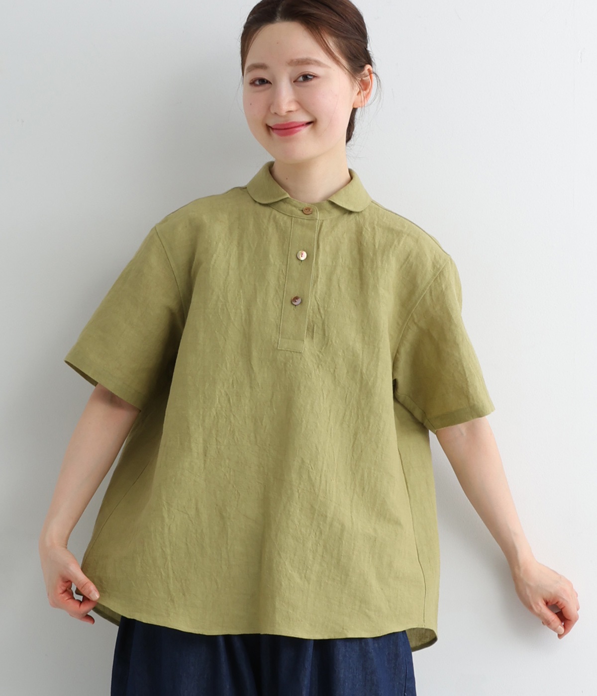 コットンリネン天日干しプルオーバー半袖シャツ(ライトグリーン-ONESIZE)